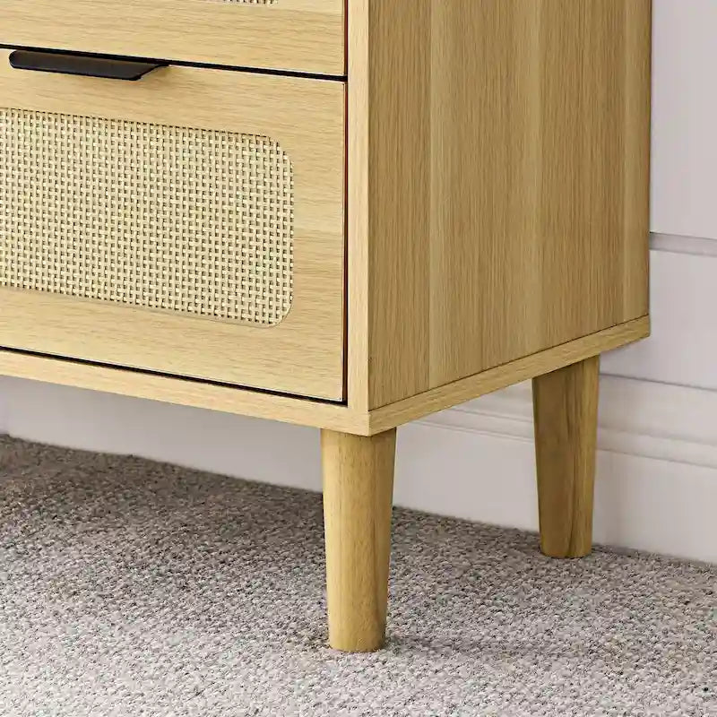 Commode 3 tiroirs en rotin avec poignées métalliques – Noyer / Noir, MDF et bois massif, Style Ferme