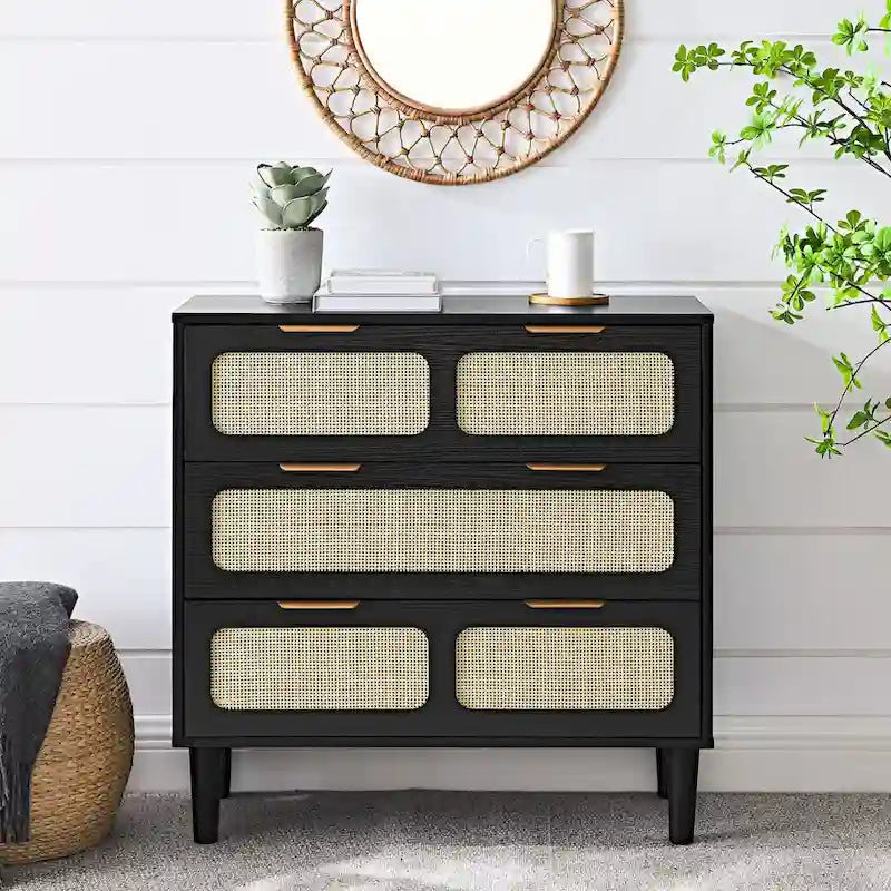 Commode 3 tiroirs en rotin avec poignées métalliques – Noyer / Noir, MDF et bois massif, Style Ferme