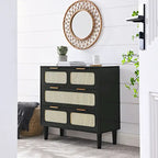 Commode 3 tiroirs en rotin avec poignées métalliques – Noyer / Noir, MDF et bois massif, Style Ferme