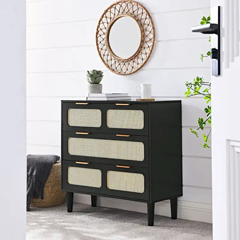 Commode 3 tiroirs en rotin avec poignées métalliques – Noyer / Noir, MDF et bois massif, Style Ferme