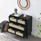 Commode 3 tiroirs en rotin avec poignées métalliques – Noyer / Noir, MDF et bois massif, Style Ferme