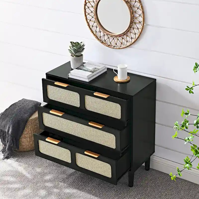 Commode 3 tiroirs en rotin avec poignées métalliques – Noyer / Noir, MDF et bois massif, Style Ferme