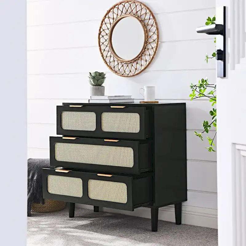 Commode 3 tiroirs en rotin avec poignées métalliques – Noyer / Noir, MDF et bois massif, Style Ferme