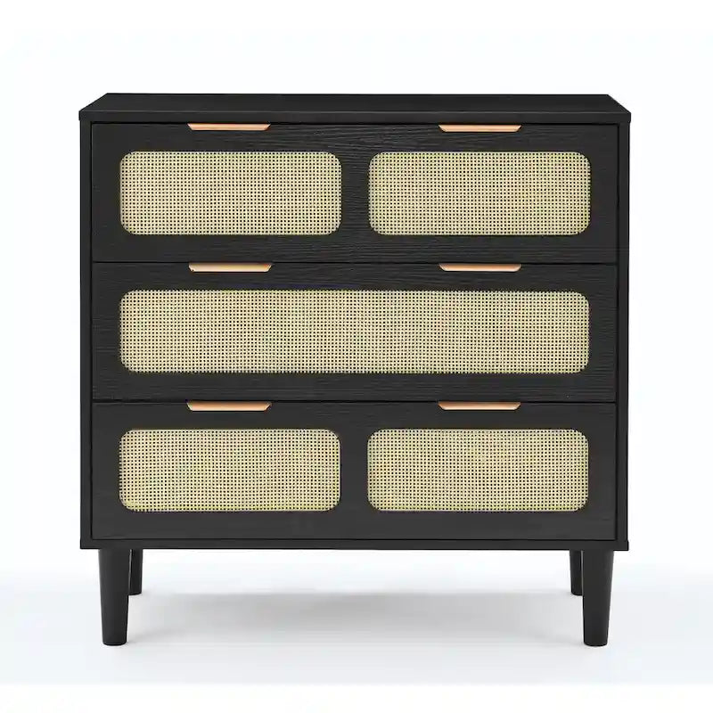 Commode 3 tiroirs en rotin avec poignées métalliques – Noyer / Noir, MDF et bois massif, Style Ferme