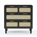 Commode 3 tiroirs en rotin avec poignées métalliques – Noyer / Noir, MDF et bois massif, Style Ferme
