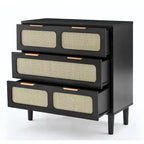 Commode 3 tiroirs en rotin avec poignées métalliques – Noyer / Noir, MDF et bois massif, Style Ferme