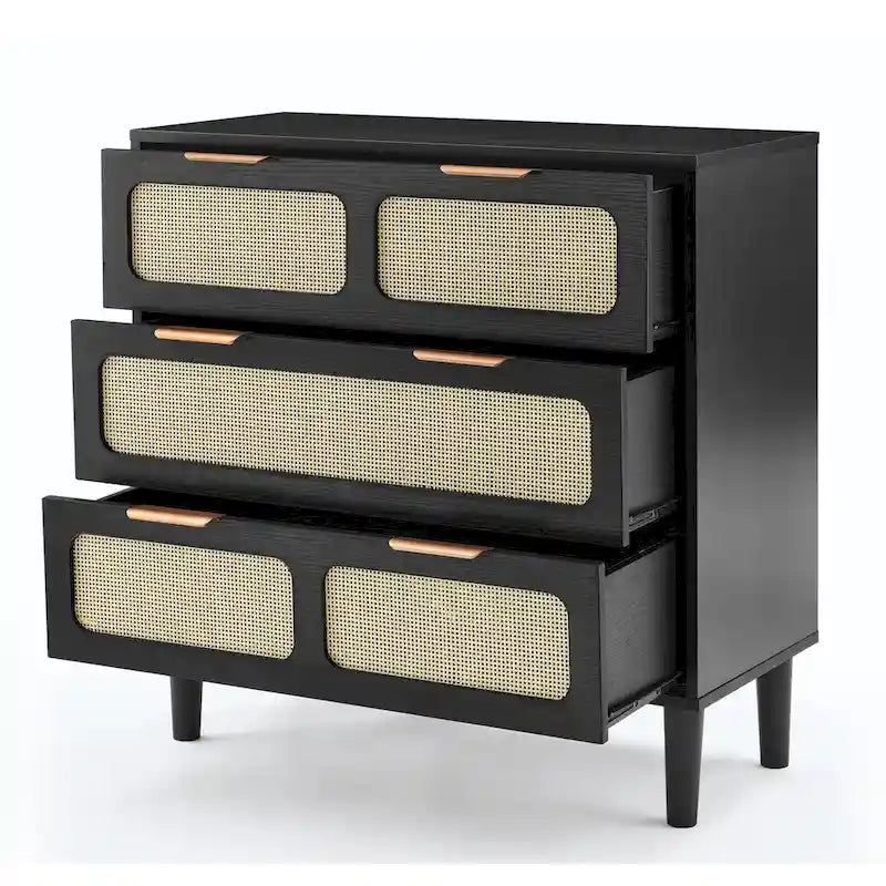 Commode 3 tiroirs en rotin avec poignées métalliques – Noyer / Noir, MDF et bois massif, Style Ferme