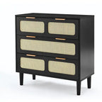 Commode 3 tiroirs en rotin avec poignées métalliques – Noyer / Noir, MDF et bois massif, Style Ferme