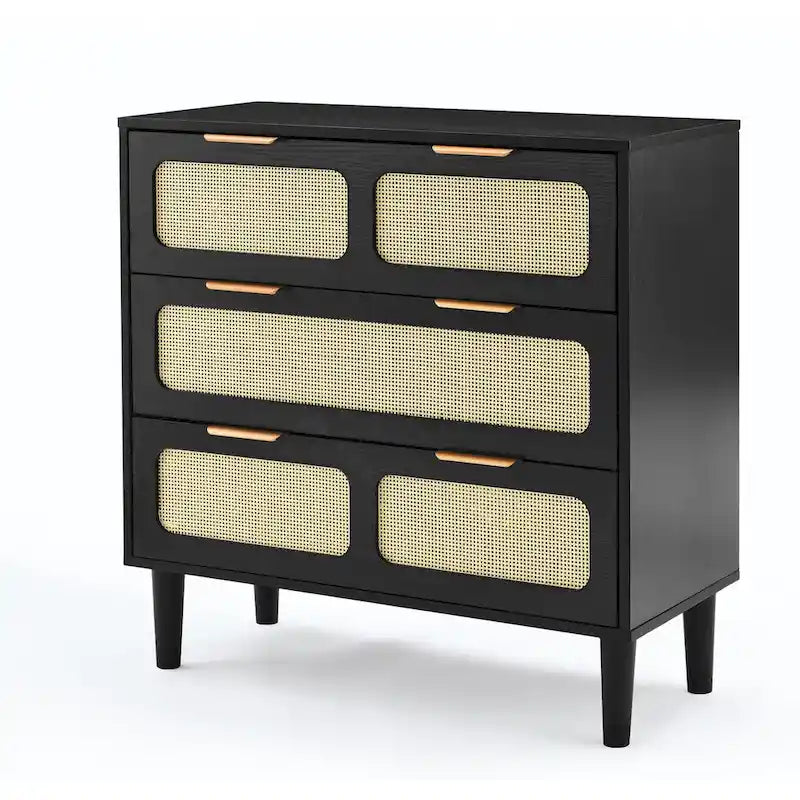 Commode 3 tiroirs en rotin avec poignées métalliques – Noyer / Noir, MDF et bois massif, Style Ferme
