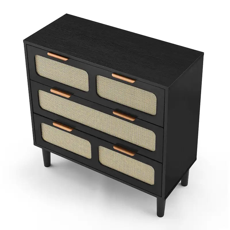 Commode 3 tiroirs en rotin avec poignées métalliques – Noyer / Noir, MDF et bois massif, Style Ferme