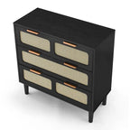 Commode 3 tiroirs en rotin avec poignées métalliques – Noyer / Noir, MDF et bois massif, Style Ferme