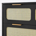 Commode 3 tiroirs en rotin avec poignées métalliques – Noyer / Noir, MDF et bois massif, Style Ferme