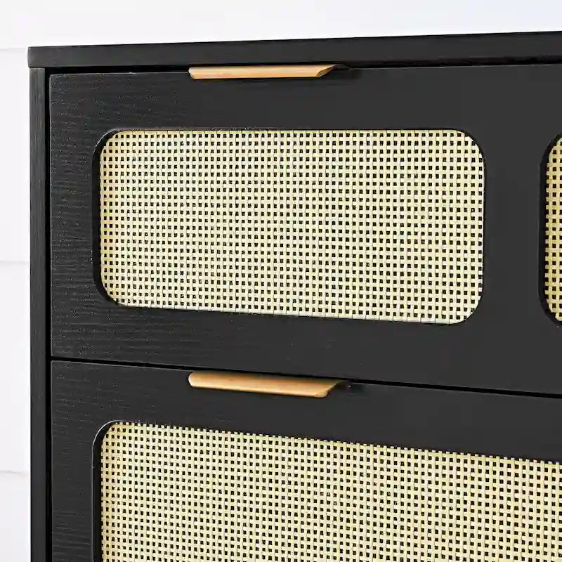 Commode 3 tiroirs en rotin avec poignées métalliques – Noyer / Noir, MDF et bois massif, Style Ferme