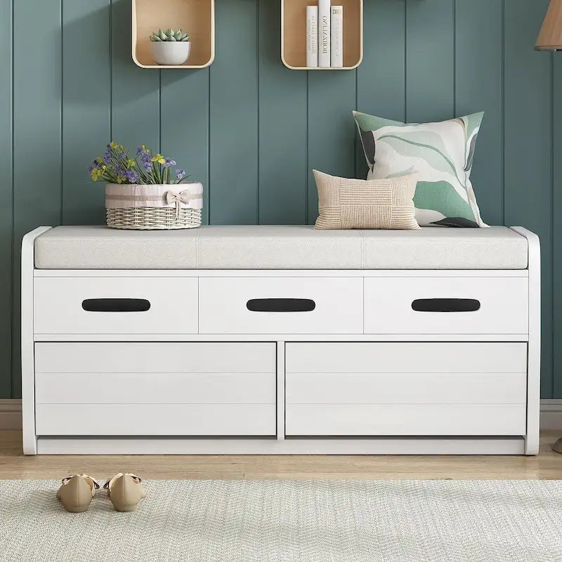 Banc de rangement avec 2 tiroirs, compartiment caché et coussin amovible – Blanc / Bleu Marine / Espresso / Bois Naturel, MDF et Acacia, 1 place