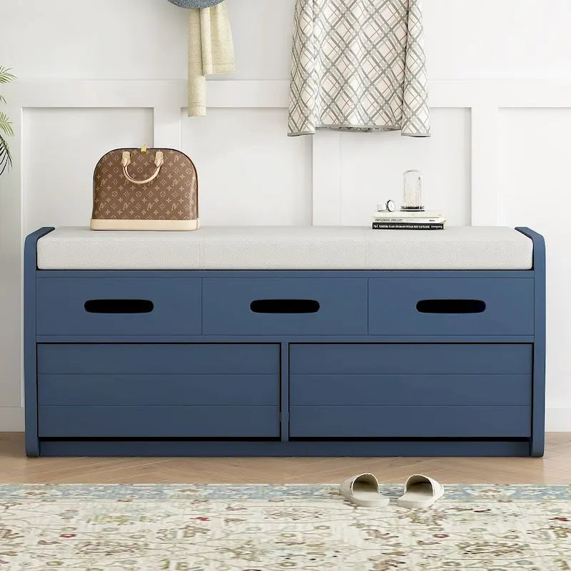 Banc de rangement avec 2 tiroirs, compartiment caché et coussin amovible – Blanc / Bleu Marine / Espresso / Bois Naturel, MDF et Acacia, 1 place