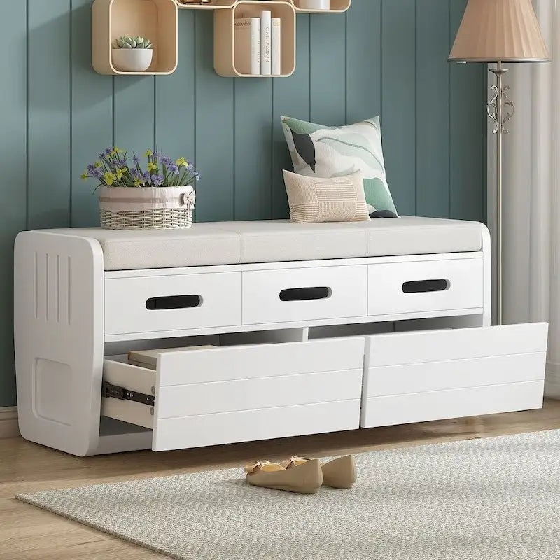 Banc de rangement avec 2 tiroirs, compartiment caché et coussin amovible – Blanc / Bleu Marine / Espresso / Bois Naturel, MDF et Acacia, 1 place