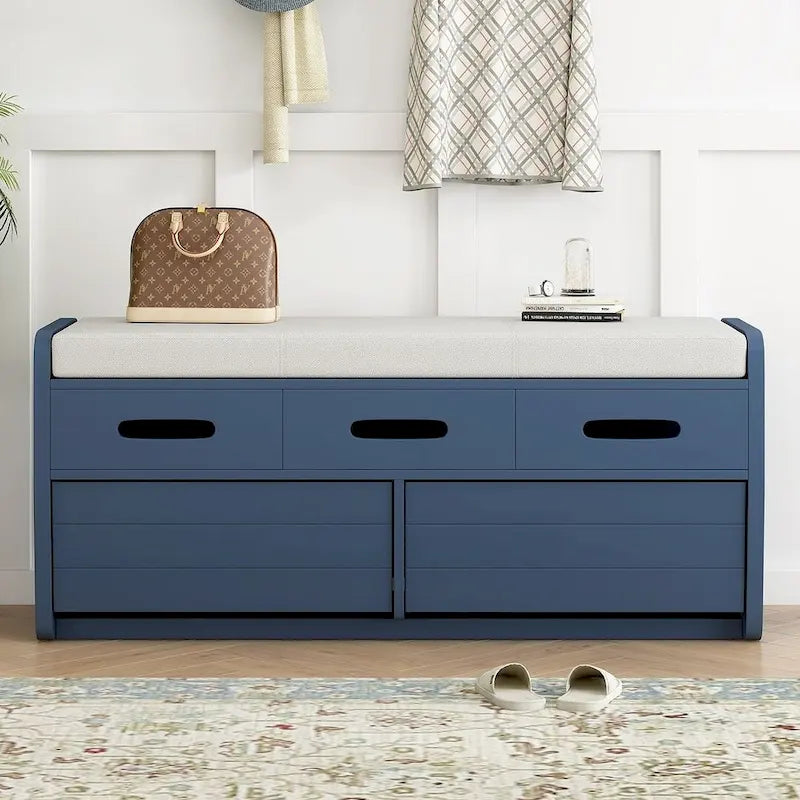 Banc de rangement avec 2 tiroirs, compartiment caché et coussin amovible – Blanc / Bleu Marine / Espresso / Bois Naturel, MDF et Acacia, 1 place