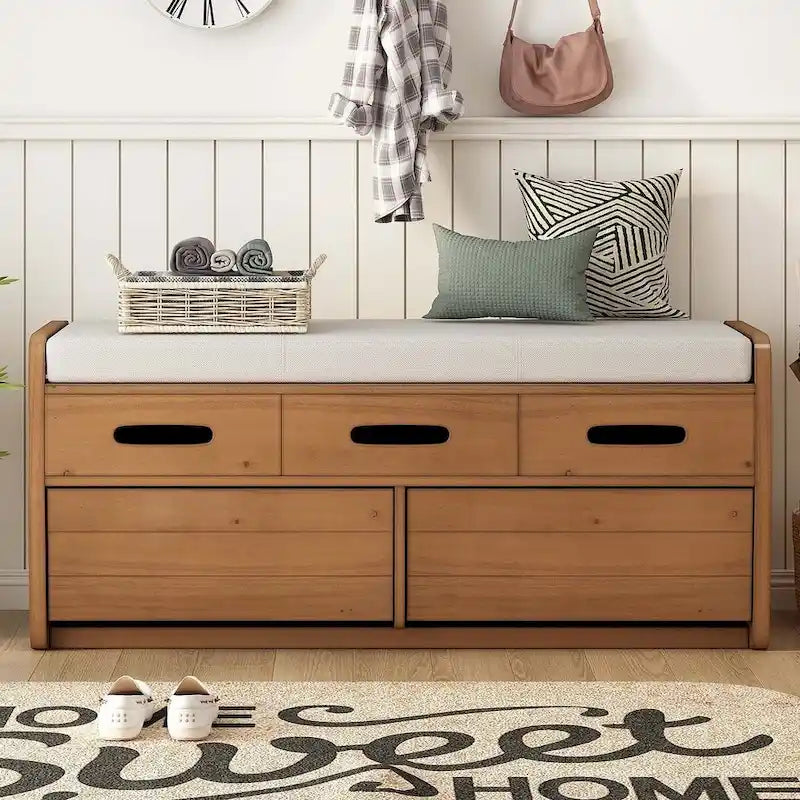 Banc de rangement avec 2 tiroirs, compartiment caché et coussin amovible – Blanc / Bleu Marine / Espresso / Bois Naturel, MDF et Acacia, 1 place
