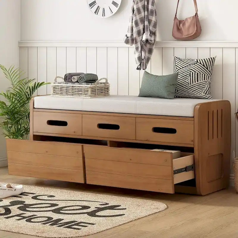 Banc de rangement avec 2 tiroirs, compartiment caché et coussin amovible – Blanc / Bleu Marine / Espresso / Bois Naturel, MDF et Acacia, 1 place