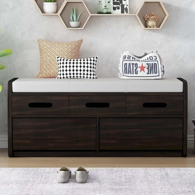 Banc de rangement avec 2 tiroirs, compartiment caché et coussin amovible – Blanc / Bleu Marine / Espresso / Bois Naturel, MDF et Acacia, 1 place