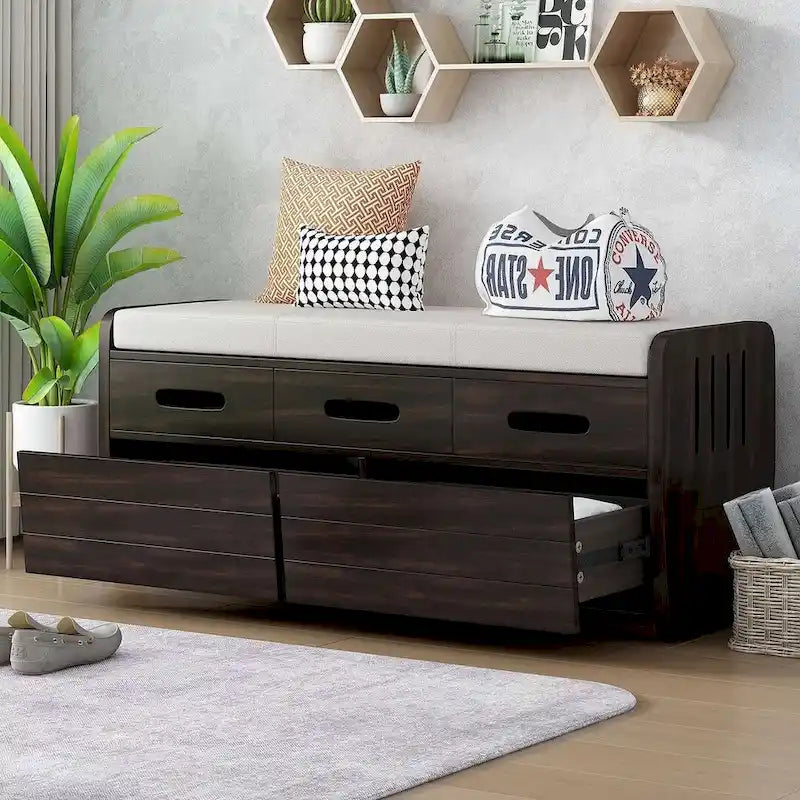 Banc de rangement avec 2 tiroirs, compartiment caché et coussin amovible – Blanc / Bleu Marine / Espresso / Bois Naturel, MDF et Acacia, 1 place