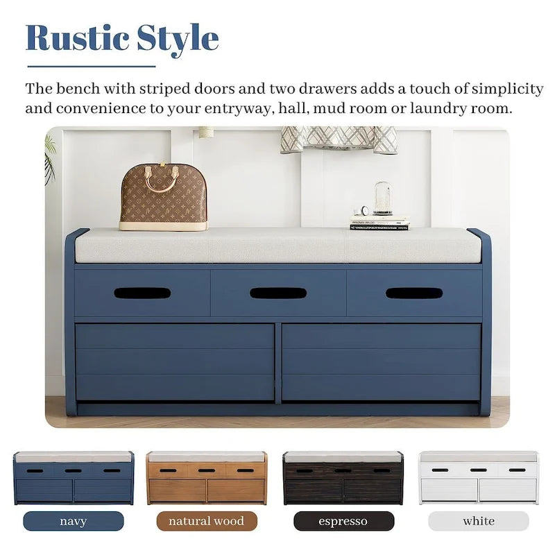 Banc de rangement avec 2 tiroirs, compartiment caché et coussin amovible – Blanc / Bleu Marine / Espresso / Bois Naturel, MDF et Acacia, 1 place