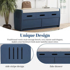 Banc de rangement avec 2 tiroirs, compartiment caché et coussin amovible – Blanc / Bleu Marine / Espresso / Bois Naturel, MDF et Acacia, 1 place