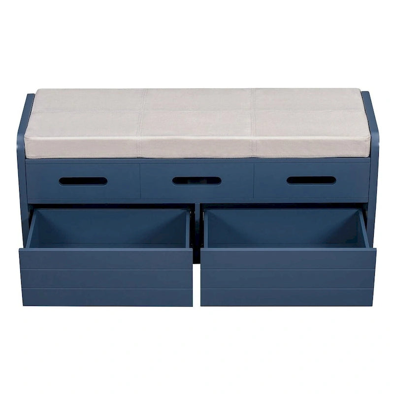 Banc de rangement avec 2 tiroirs, compartiment caché et coussin amovible – Blanc / Bleu Marine / Espresso / Bois Naturel, MDF et Acacia, 1 place
