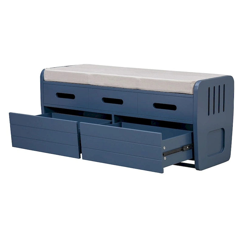 Banc de rangement avec 2 tiroirs, compartiment caché et coussin amovible – Blanc / Bleu Marine / Espresso / Bois Naturel, MDF et Acacia, 1 place