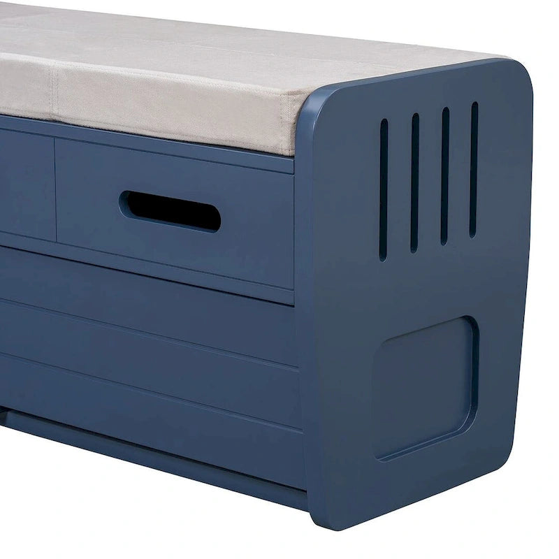 Banc de rangement avec 2 tiroirs, compartiment caché et coussin amovible – Blanc / Bleu Marine / Espresso / Bois Naturel, MDF et Acacia, 1 place
