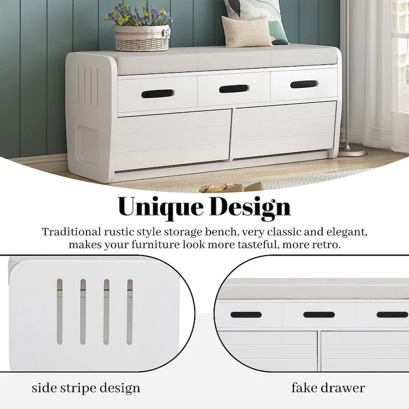 Banc de rangement avec 2 tiroirs, compartiment caché et coussin amovible – Blanc / Bleu Marine / Espresso / Bois Naturel, MDF et Acacia, 1 place