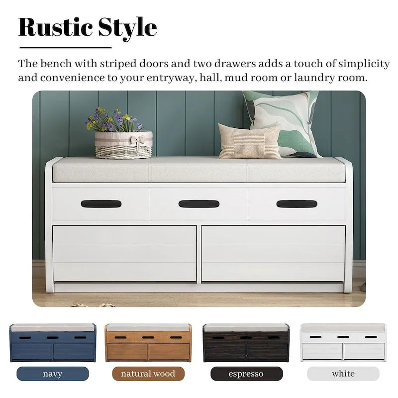 Banc de rangement avec 2 tiroirs, compartiment caché et coussin amovible – Blanc / Bleu Marine / Espresso / Bois Naturel, MDF et Acacia, 1 place