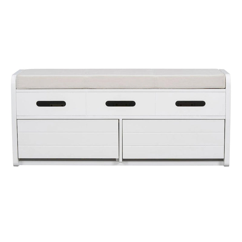 Banc de rangement avec 2 tiroirs, compartiment caché et coussin amovible – Blanc / Bleu Marine / Espresso / Bois Naturel, MDF et Acacia, 1 place
