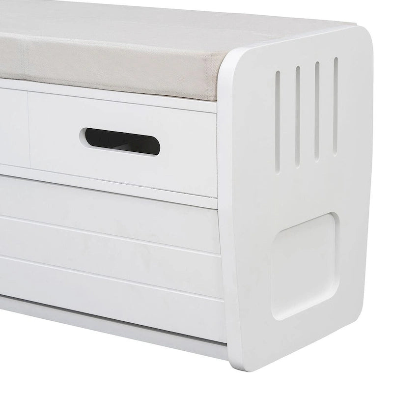 Banc de rangement avec 2 tiroirs, compartiment caché et coussin amovible – Blanc / Bleu Marine / Espresso / Bois Naturel, MDF et Acacia, 1 place