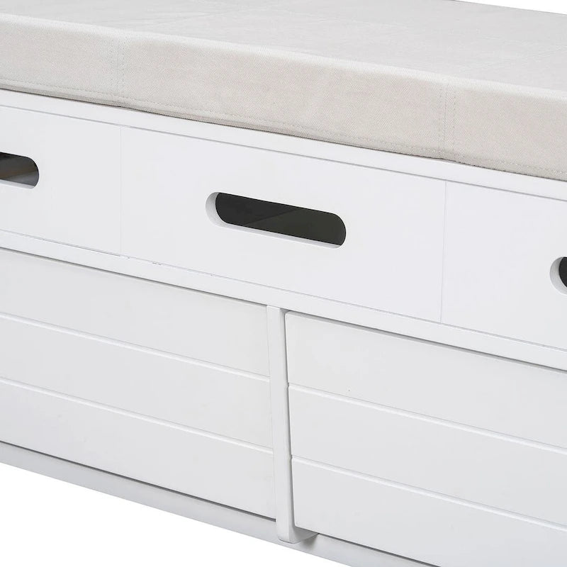 Banc de rangement avec 2 tiroirs, compartiment caché et coussin amovible – Blanc / Bleu Marine / Espresso / Bois Naturel, MDF et Acacia, 1 place