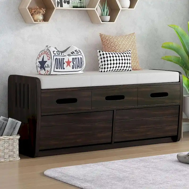 Banc de rangement avec 2 tiroirs, compartiment caché et coussin amovible – Blanc / Bleu Marine / Espresso / Bois Naturel, MDF et Acacia, 1 place