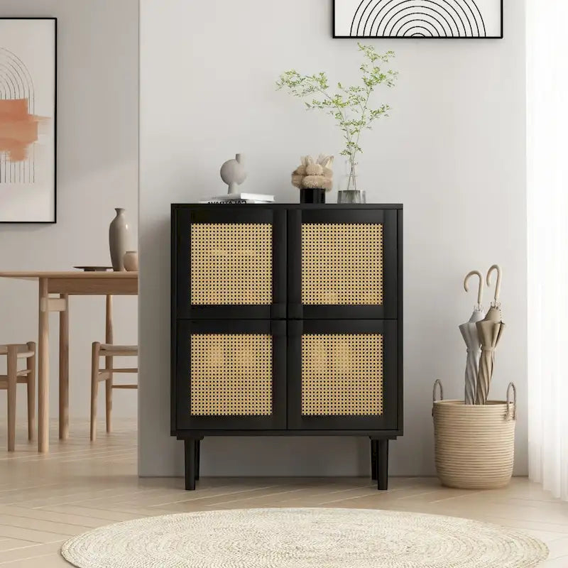 Meuble à chaussures 4 portes en rotin maillé – Naturel / Noir, 8 étagères, pieds en bois massif