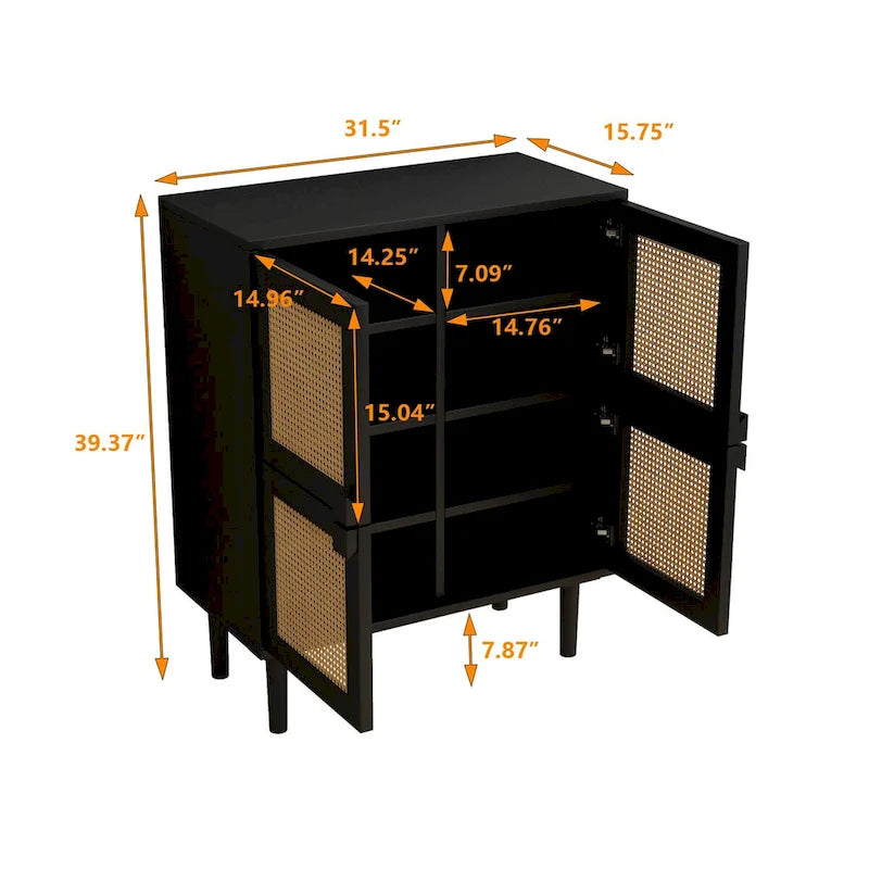 Meuble à chaussures 4 portes en rotin maillé – Naturel / Noir, 8 étagères, pieds en bois massif