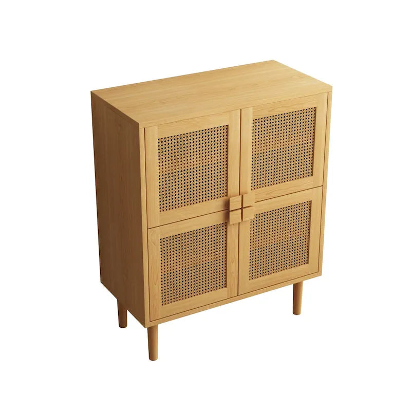 Meuble à chaussures 4 portes en rotin maillé – Naturel / Noir, 8 étagères, pieds en bois massif