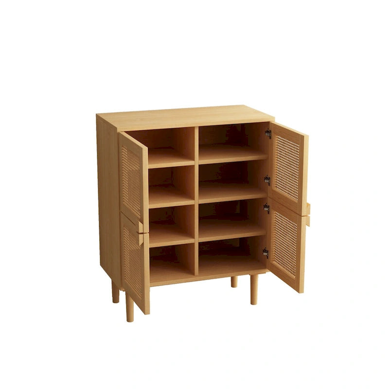 Meuble à chaussures 4 portes en rotin maillé – Naturel / Noir, 8 étagères, pieds en bois massif