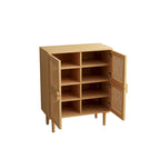 Meuble à chaussures 4 portes en rotin maillé – Naturel / Noir, 8 étagères, pieds en bois massif