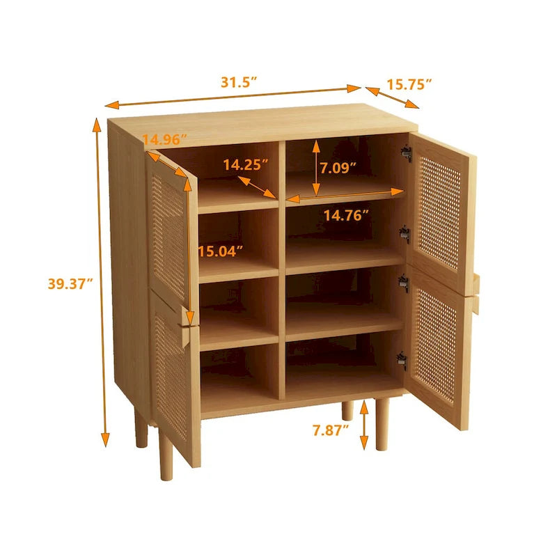 Meuble à chaussures 4 portes en rotin maillé – Naturel / Noir, 8 étagères, pieds en bois massif