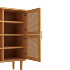 Meuble à chaussures 4 portes en rotin maillé – Naturel / Noir, 8 étagères, pieds en bois massif
