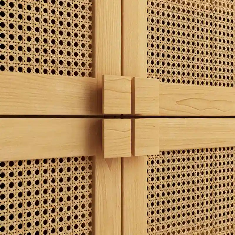 Meuble à chaussures 4 portes en rotin maillé – Naturel / Noir, 8 étagères, pieds en bois massif