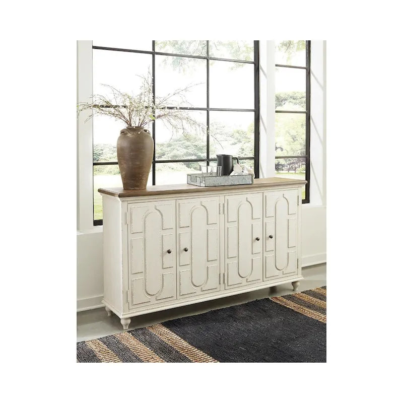 Meuble d'appoint 4 portes avec panneaux surélevés et 2 étagères réglables – Blanc antique et marron, style campagnard