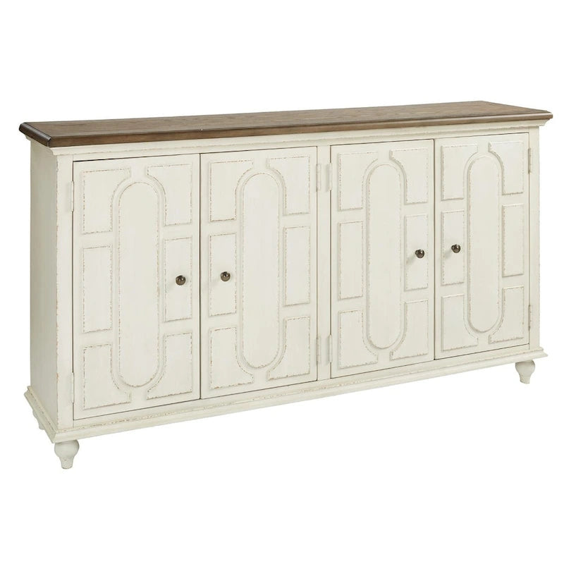 Meuble d'appoint 4 portes avec panneaux surélevés et 2 étagères réglables – Blanc antique et marron, style campagnard