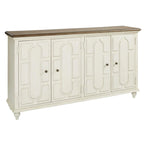 Meuble d'appoint 4 portes avec panneaux surélevés et 2 étagères réglables – Blanc antique et marron, style campagnard