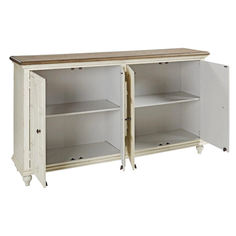 Meuble d'appoint 4 portes avec panneaux surélevés et 2 étagères réglables – Blanc antique et marron, style campagnard