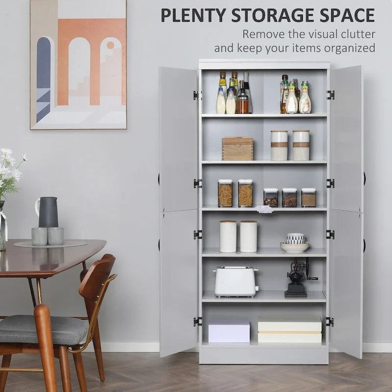 Grand Meuble de Rangement de Cuisine avec 4 Portes et 6 Étagères – Gris / Blanc, Poignées Noires, Anti-Basculement, 176,5 cm de Haut