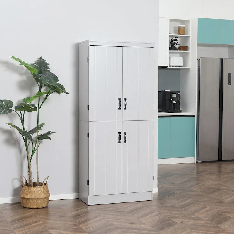 Grand Meuble de Rangement de Cuisine avec 4 Portes et 6 Étagères – Gris / Blanc, Poignées Noires, Anti-Basculement, 176,5 cm de Haut